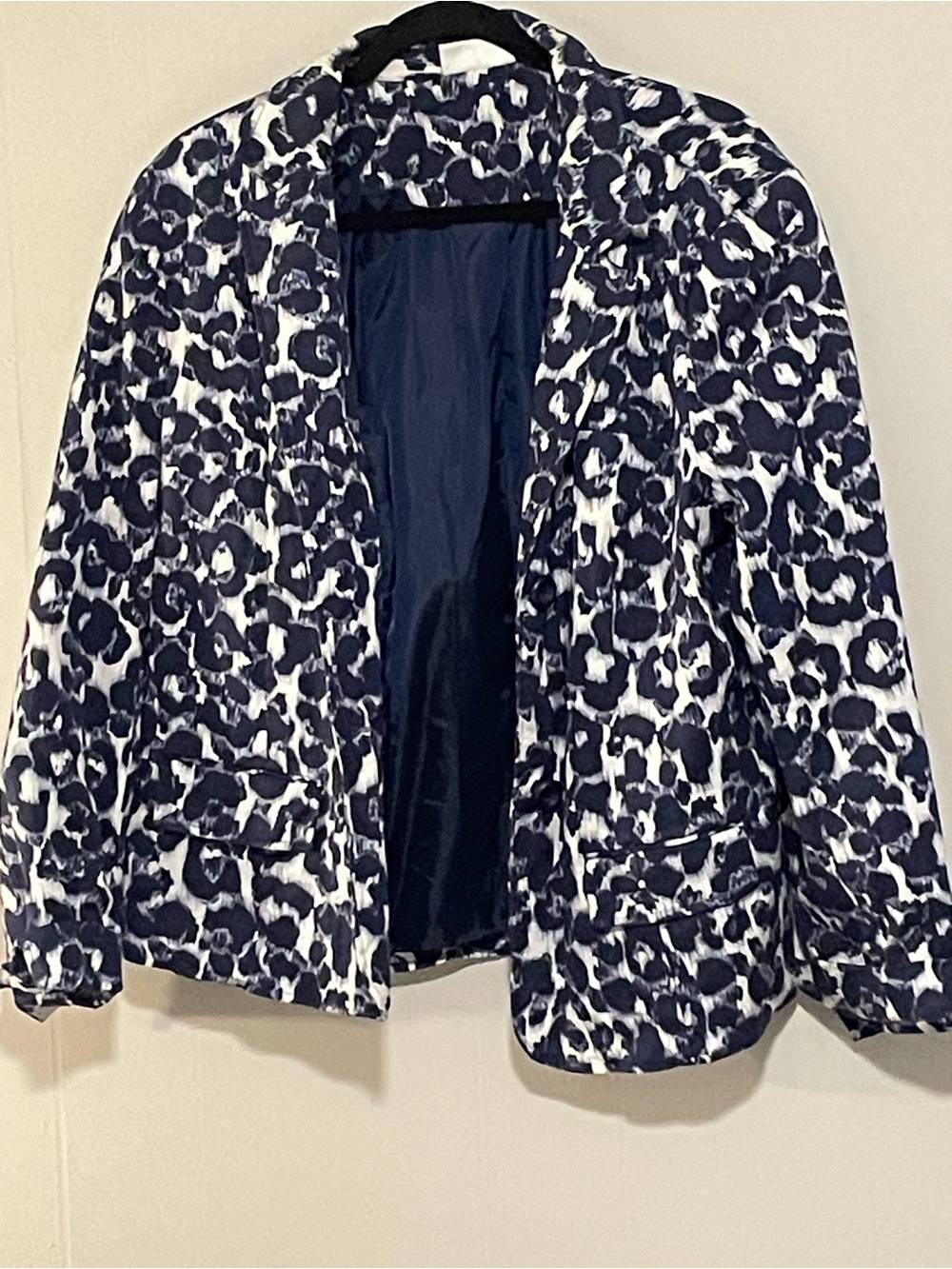 Womens Navy and White Leopard Print Blazer Jacket. Item # 11710